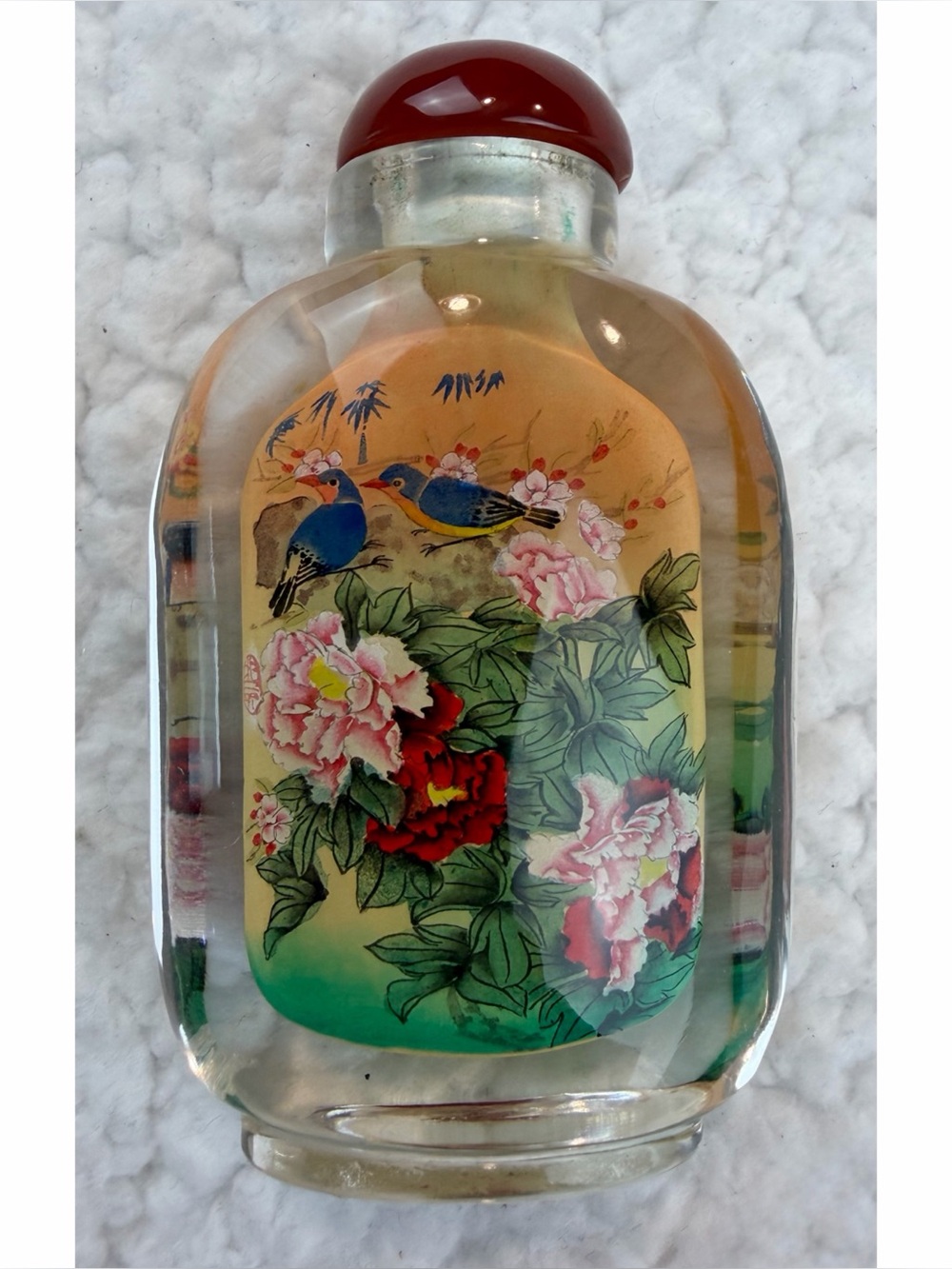 (VTG) Chinese Reverse-Painted Birds & Peonies Glass Snuff Bottle w/ Box, OS